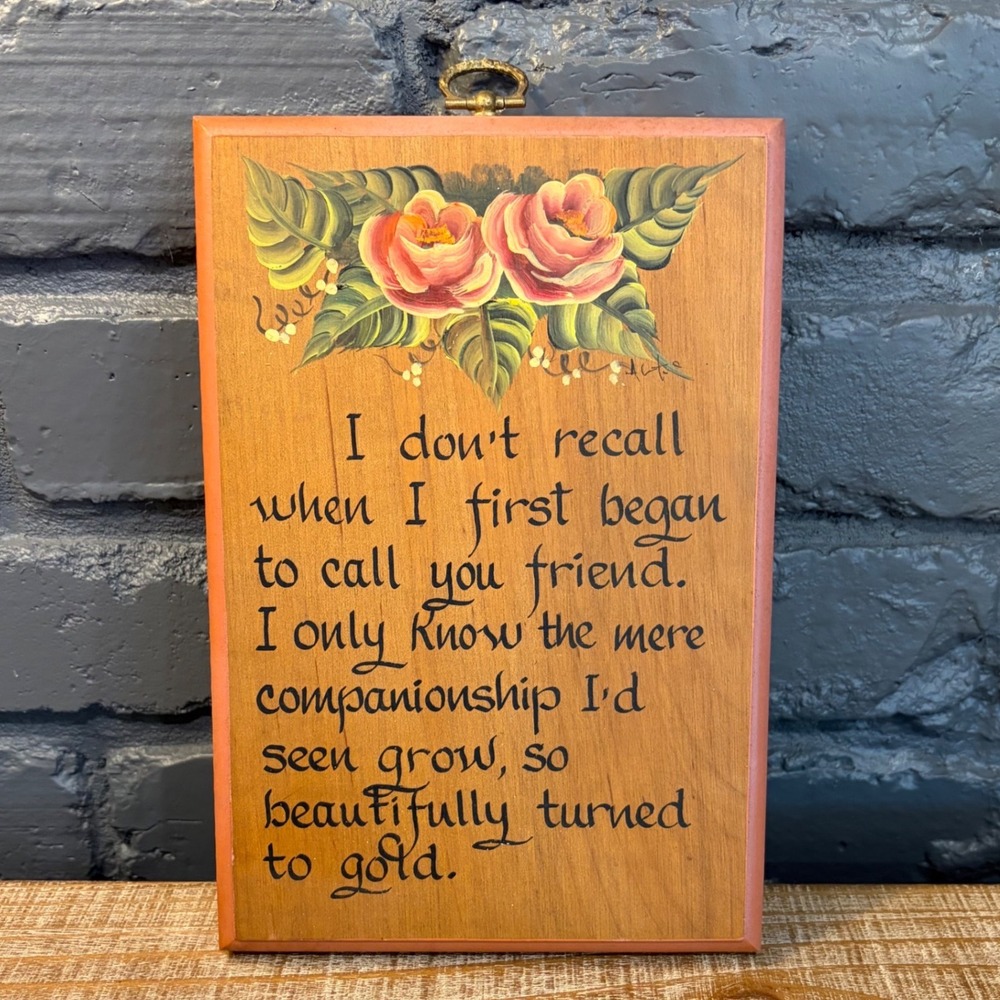 Vintage Hand Painted Friendship Plaque FloralFolk Art Wood Wall Hanging Signed